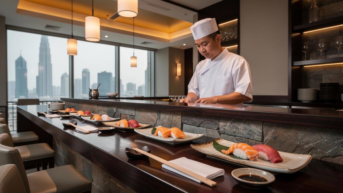 Elegant sushi counter setting with plated nigiri and warm ambient lighting