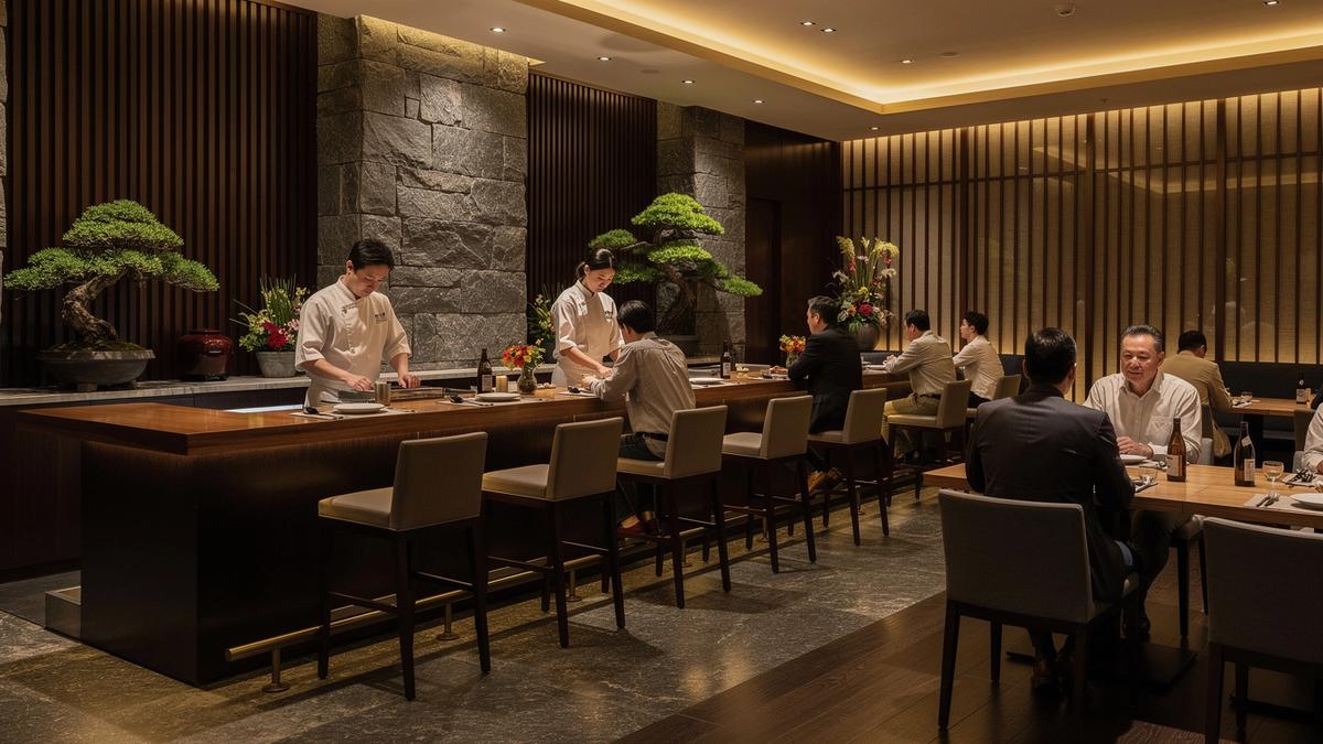 Elegant Japanese dining room with sushi counter ambiance