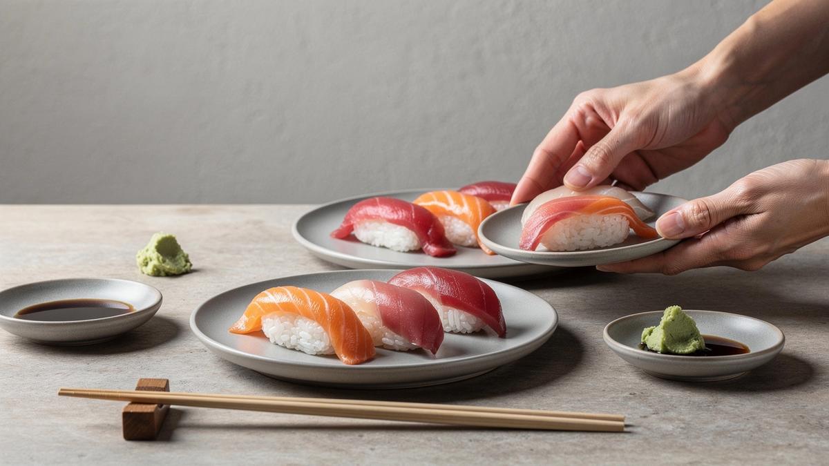 Assorted nigiri and sashimi on ceramic plates