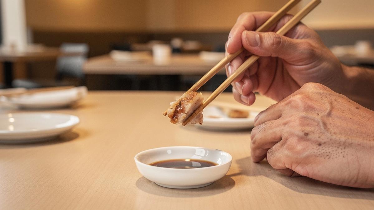 Hands using chopsticks with small soy sauce dish on table