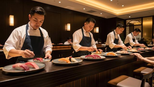 Zuma-style sushi counter with chefs plating nigiri