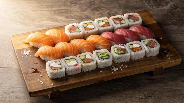 Close-up of nigiri and maki arranged on a wooden board