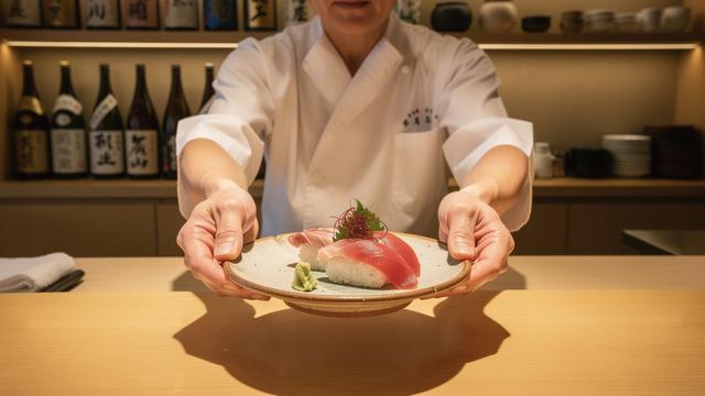 Chef presenting an omakase course at a sushi bar