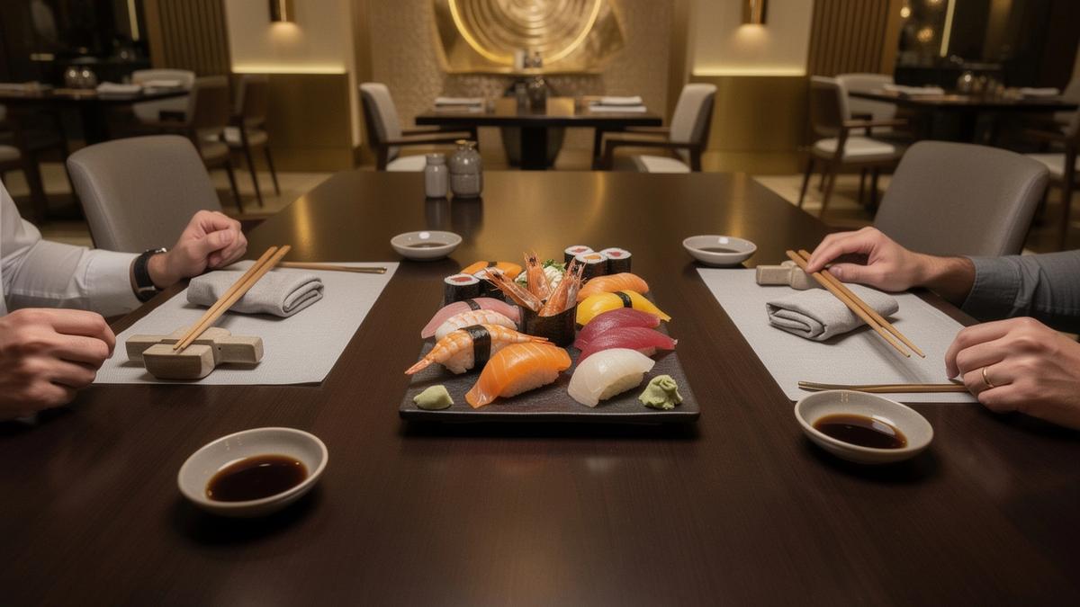 A refined Japanese dining table setting with sushi, nigiri, and warm ambient lighting