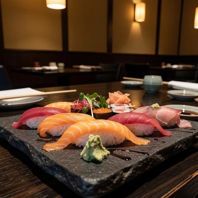 Chopsticks beside nigiri and small soy dish