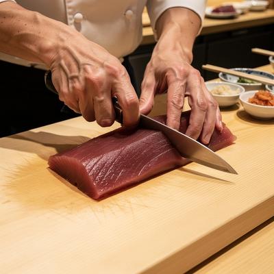Chef plating omakase course at a counter